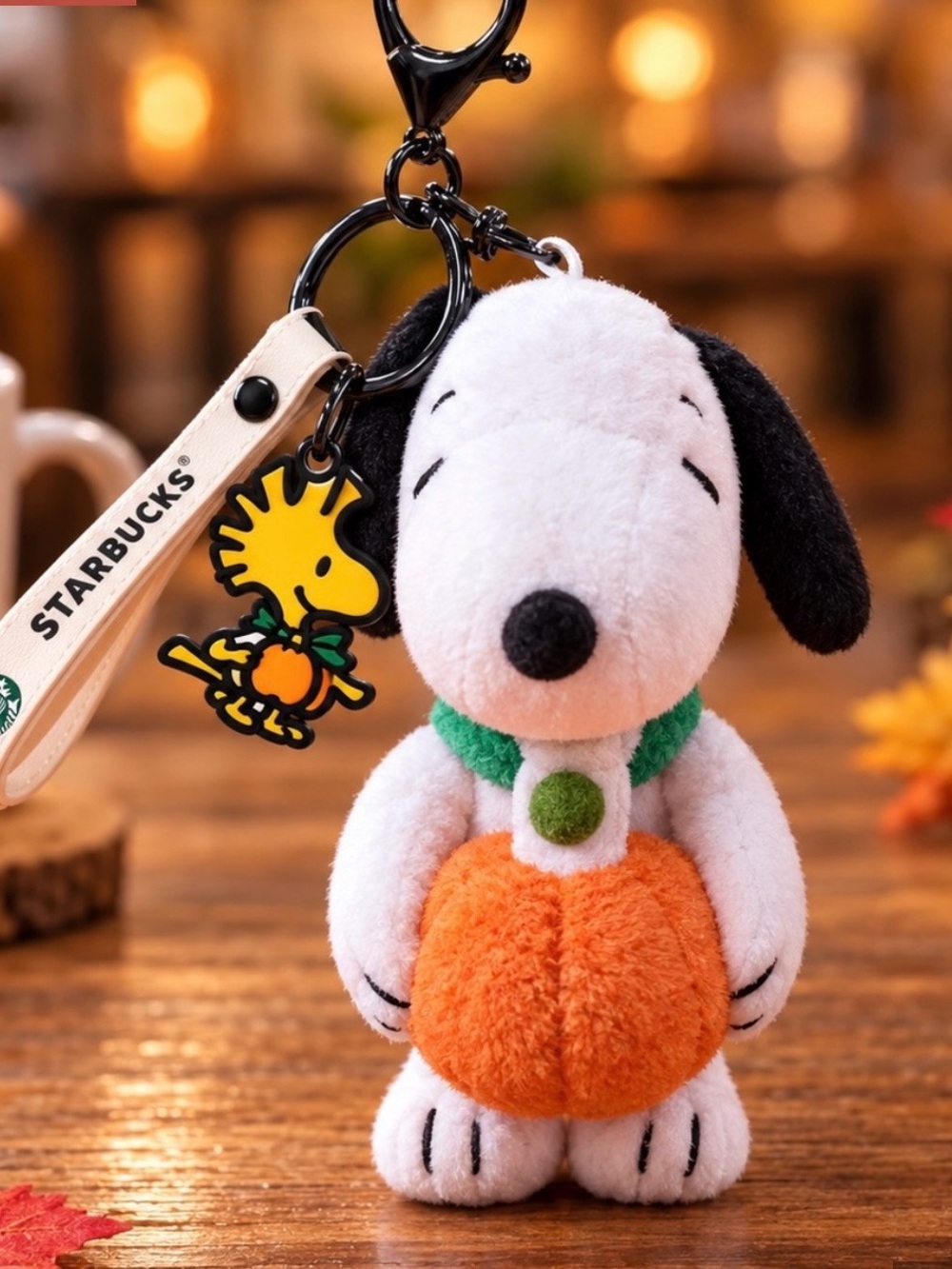 Starbucks Snoopy Plush Keychain with Orange Pumpkin and Green Collar